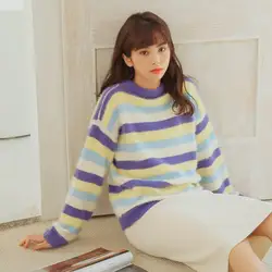 Для женщин свитера японских Харадзюку улззанг Повседневное из искусственного бархата полосатый свитер женский корейский кавайный милый
