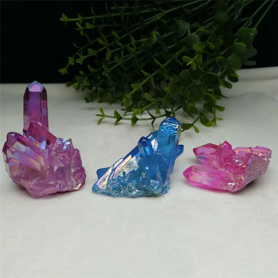 

3PCS Rainbow Titanium Aura Crystal Cluster-Pink Purple Blue Quartz Cluster Crystal-Reiki Healing and Terrariums Gift Home Decor.