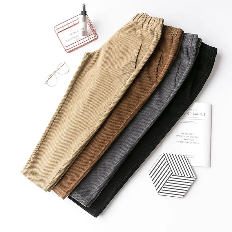 Большие размеры, S-3XL,, женские вельветовые брюки, Осень-зима, винтажные модные прямые брюки, повседневные штаны-шаровары с эластичной резинкой на талии для девочек