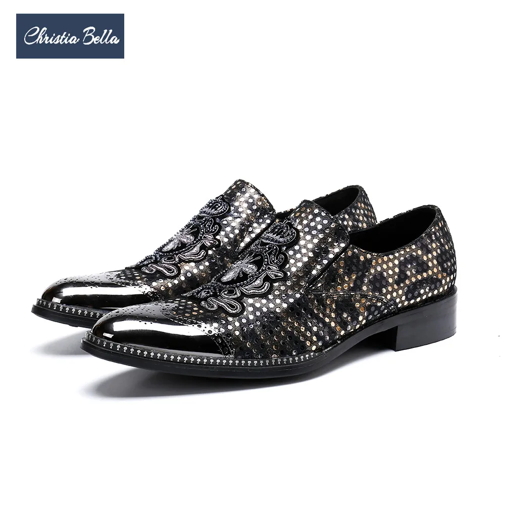 

Christia Bella British Style Pointed Toe Carved Men Formal Dress Shoes Genuine Leather Oxfords Bullock Party Men Brogue Shoes