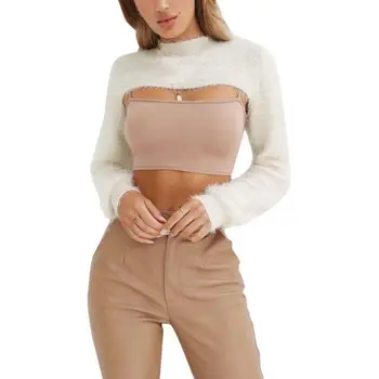 

Fashion O-neck Long Sleeve Casual Sweater Women Sexy Sweater Pullover Basic Knitted Super Short Tops