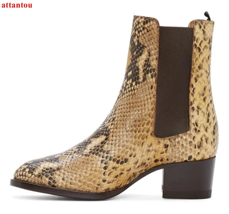 

Fashion Men Short Boots Brown Snakeskin Slip-on Male Ankle Boots Autumn Fashion Low Heel Man Shoes Office Formal Dress Shoes