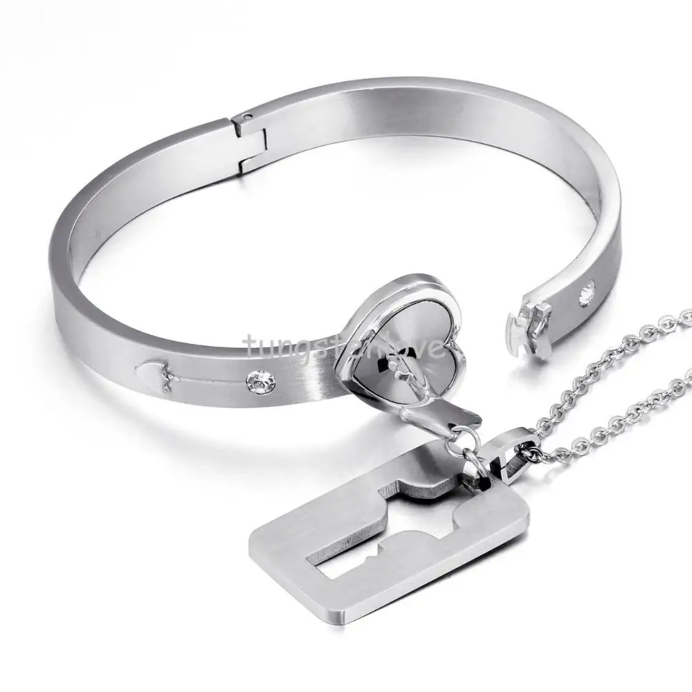 New Stainless Steel Heart Lock Love Bangle Bracelet With Key New Stainless Steel Heart Lock Love Bangle Bracelet With Key Tag Pendant Necklace S Jewelry Sets Hypoallergenic In From