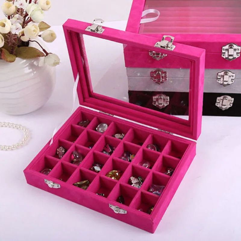 24cells Velvet Glass Jewelry Box Earring Ring Display Organizer Boxes Tray Holder Storage Case Balck Rose Red Blue Gray Coffee (1)