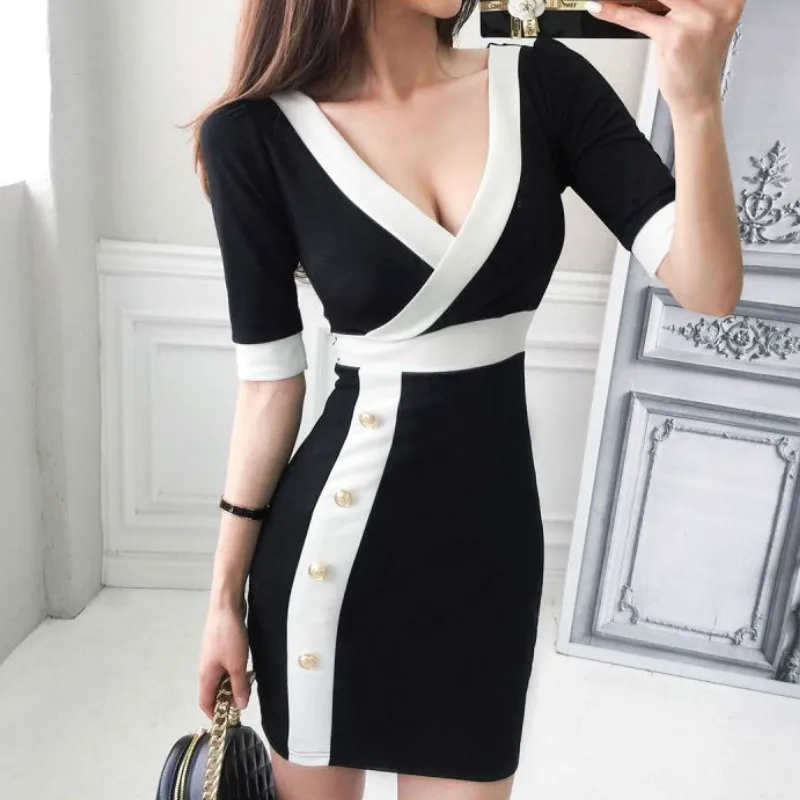 

2019 New Fashion Women Dresses Deep V-neck Short Sleeve Buttons Sexy Slim Bodycon Club Dress Vestidos Robe Femme High Quality