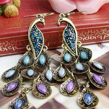 Серьги с кристаллами, длинные Винтажные серьги в виде павлина, этнические серьги для женщин,, модные ювелирные украшения в виде животных на Рождество Серьги с кристаллами, длинные Винтажные серьги в виде павлина, этнические серьги для женщин,, модные ювелирные украшения в виде животных на Рождество