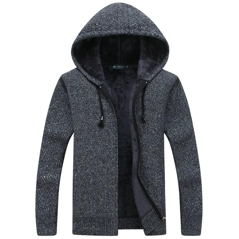 Autumn Winter Thick Warm Knitted Sweater Men Hooded Casual Solid Cardigan Men Fashion Mens Sweatercoat - Цвет: Темно-серый