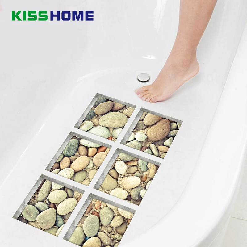 

6pcs/bag Bathtub Stick Wall Sticker Imitation 3D Realistic Creative Bathroom Mat 15x15 Cobblestone Underwater World Jigsaw Mats