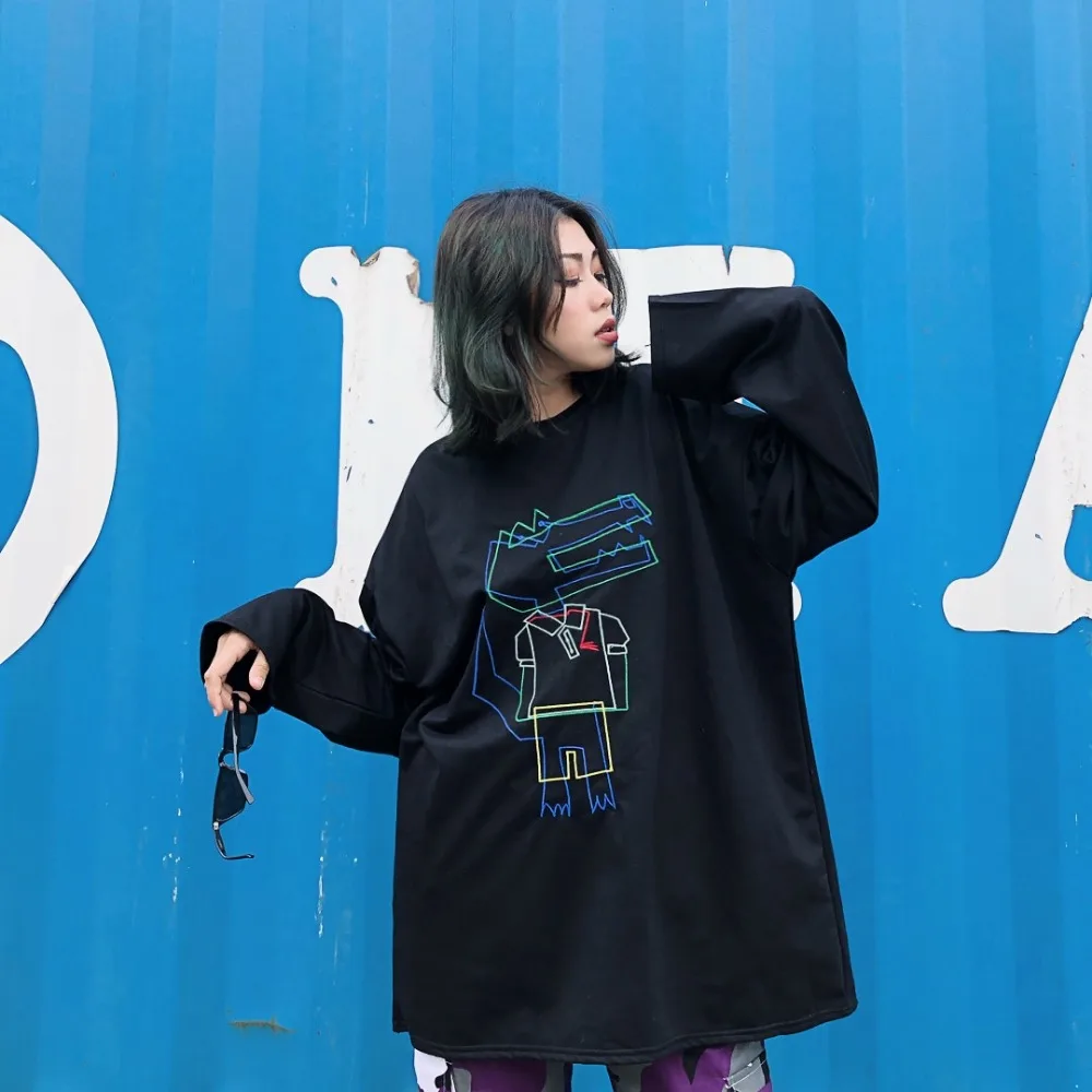 

Origin BF color crocodile embroidery lazy loose BF medium-long T-shirt winter tee t-shirts