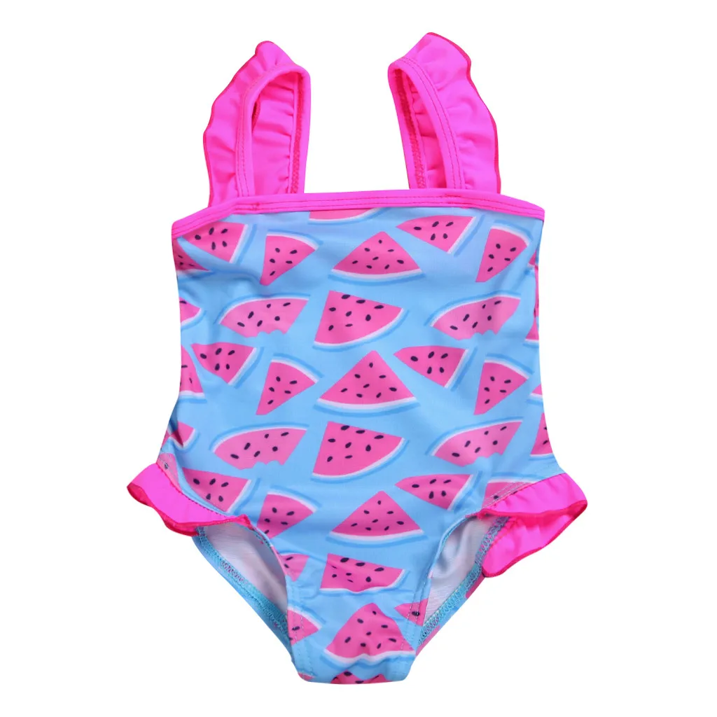Детские купальники для девочек из полиэстера; цельный купальник; купальный костюм; пляжный купальник с оборками и фруктами; комбинезон; одежда; K424