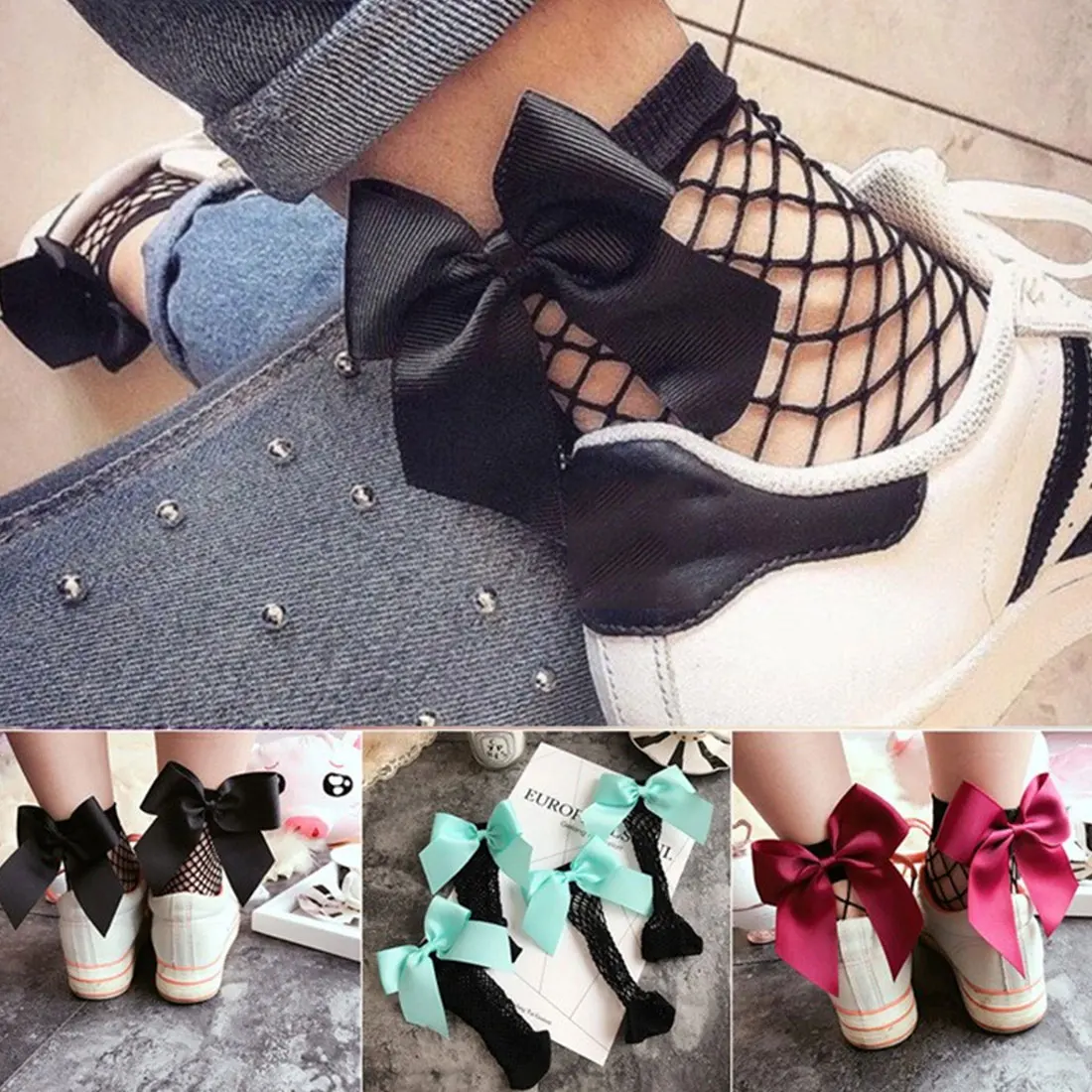 

Streetwear Women's Harajuku Black Breathable Bow knot Fishnet Socks Sexy Hollow out Mesh Nets Socks Ladies Girl's Bow Sox