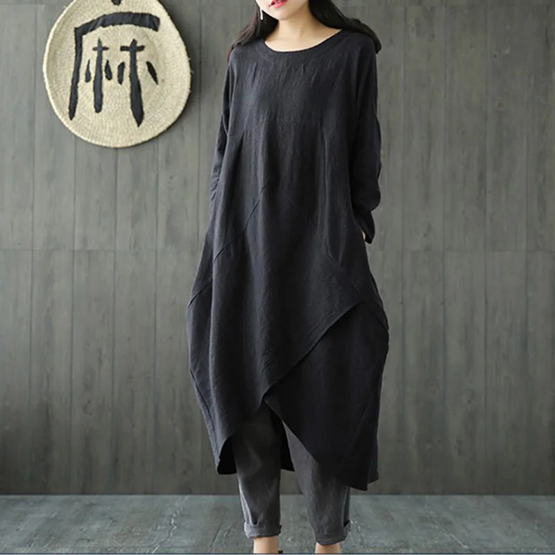 

Spring Autumn dress Women Casual Loose Boho Maxi Dress Fashion Cotton Linen Vintage Long Dress Long Sleeve Vestidos Plus Size