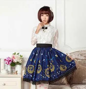 

Lovely Deep Blue Moon and Star Printed Lady's Pleated Lolita Lace Skirt
