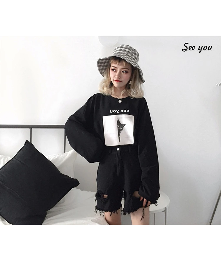 Autumn O-Neck kawaii cartoon Printed Loose Harajuku T shirt women oversized T-shirts Korean Style Hip Hop Students Tees Chic top