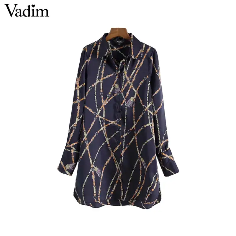 

Vadim women chic chain print long blouse long sleeve turn down collar asymmetrical shirts female casual tops blusas mujer LA541