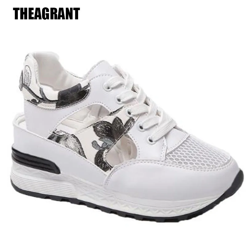 THEAGRANT/ г. летние женские кроссовки босоножки на платформе с сеткой, со скрытым каблуком и цветочным узором обувь с вырезами на толстой подошве женская обувь на шнуровке, WSN3006