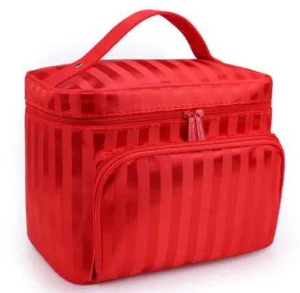 Ladies Fashion Portable Makeup Double Zipper Special Purpose Big Pocket Nylon Box Bags For Travel Cosmetic Storage Cases Product - Цвет: Striped Red