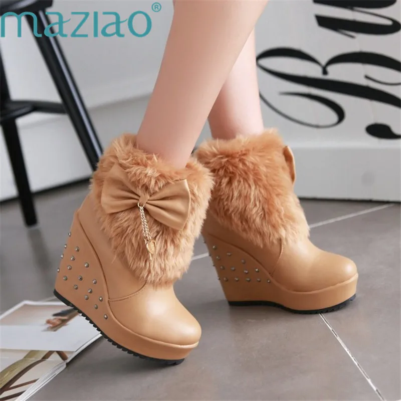 

Fashion Leather Round Toe Wedges Heel Platform Butterfly-knot Rivets High Heels Martin Boots Ankle Boots MAZIAO