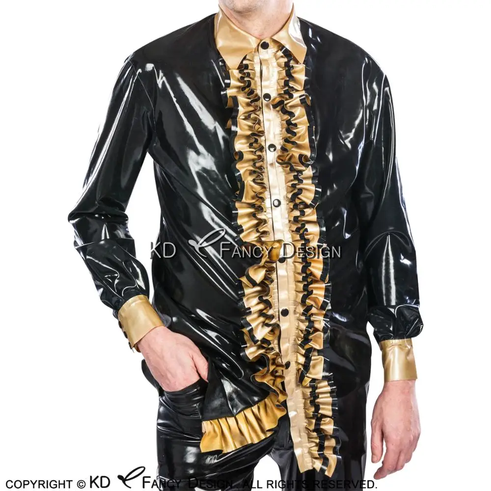 

Black With Golden Frills Sexy Latex Shirt With Long Sleeves Buttons At Front Rubber Blouse Clothes Clothing YF-0058
