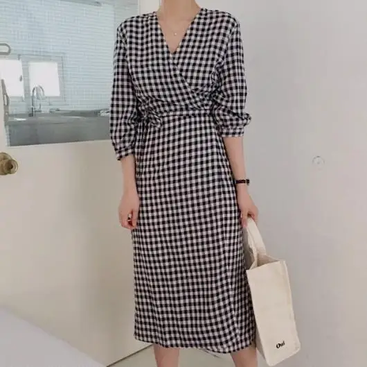 

Summer Dress Cotton Linen OL Mustard Girls Dresses Female Dress V neck black Plaid yellow dress Boho Robe Femme Vestido LJ809