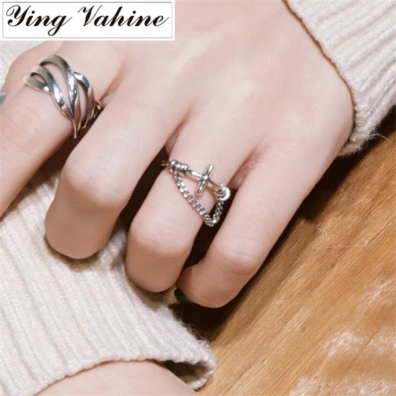 

ying Vahine Hand-made 925 Sterling Silver Cross with Chain Open Rings for Women anillos mujer