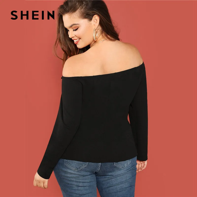 SHEIN черная Сексуальная Блузка с открытыми плечами, длинным рукавом и пуговицами размера плюс, женская блузка, модная облегающая блузка с вырезом лодочкой