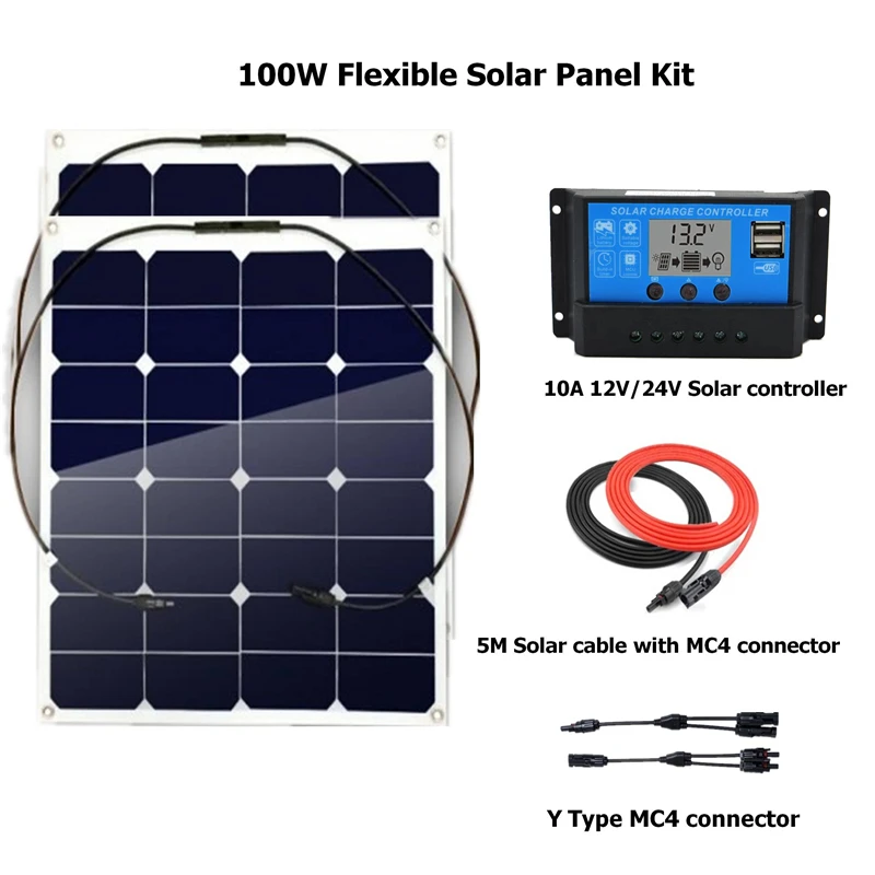 

2pcs 50w solar panel System High effeciency flexible solar panel kit w/10A LCD controller, 5M MC4 cable, Y type mc4 connector