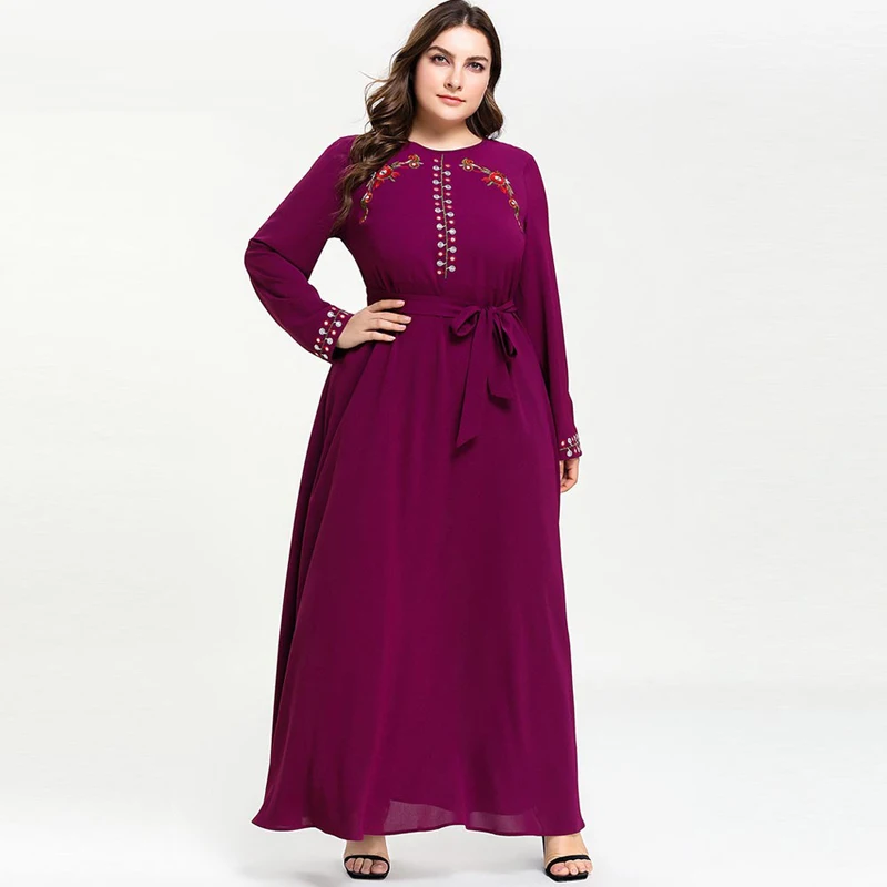 

2019 Women Muslim Dress Purple Chiffon Plus Size Long Sleeve Loose Maxi Dresses Islamic Dress with Sashes Vestidos XXXL 4XL