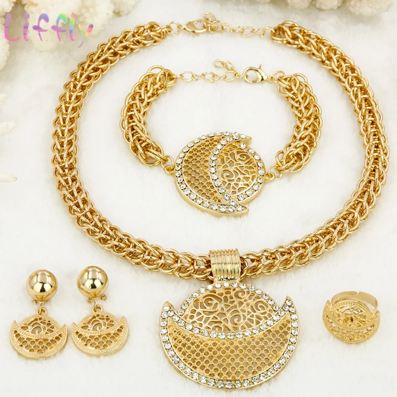 Liffly African Jewelry Sets Women Classic Necklace Earrings Ring Bracelet Wedding Jewelry Crystal Pendant Jewelry Sets for Women