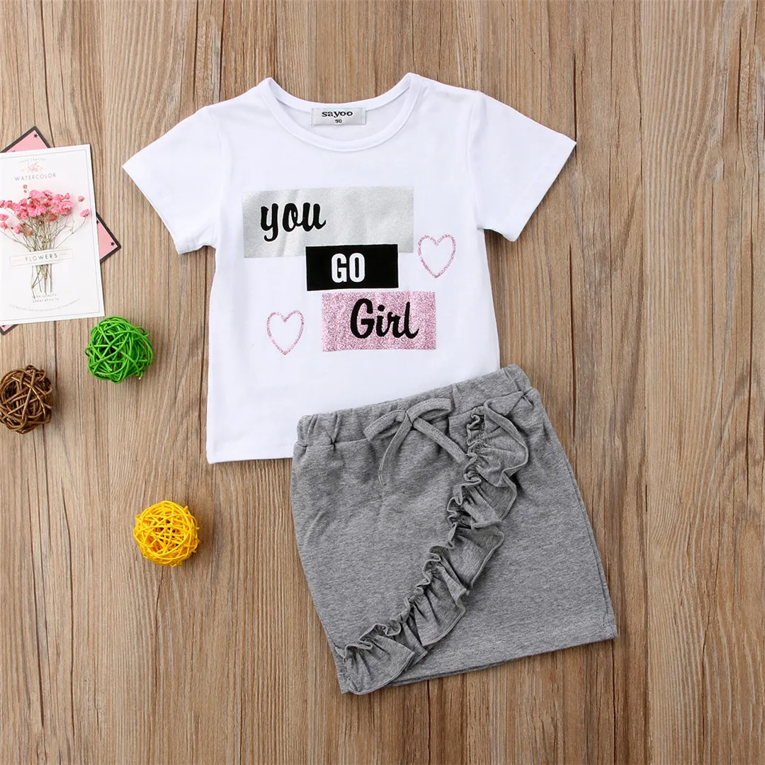 Новинка года; брендовая футболка для маленьких девочек юбка-карандаш комплект из 2 предметов комплект одежды с короткими рукавами с оборками; От 1 до 5 лет