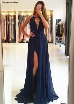 

Sexy Evening Dresses 2019 Open Back High Split Chiffon A-Line Lace Sweep Train Long Prom Party Gowns Robe de soiree Cheap