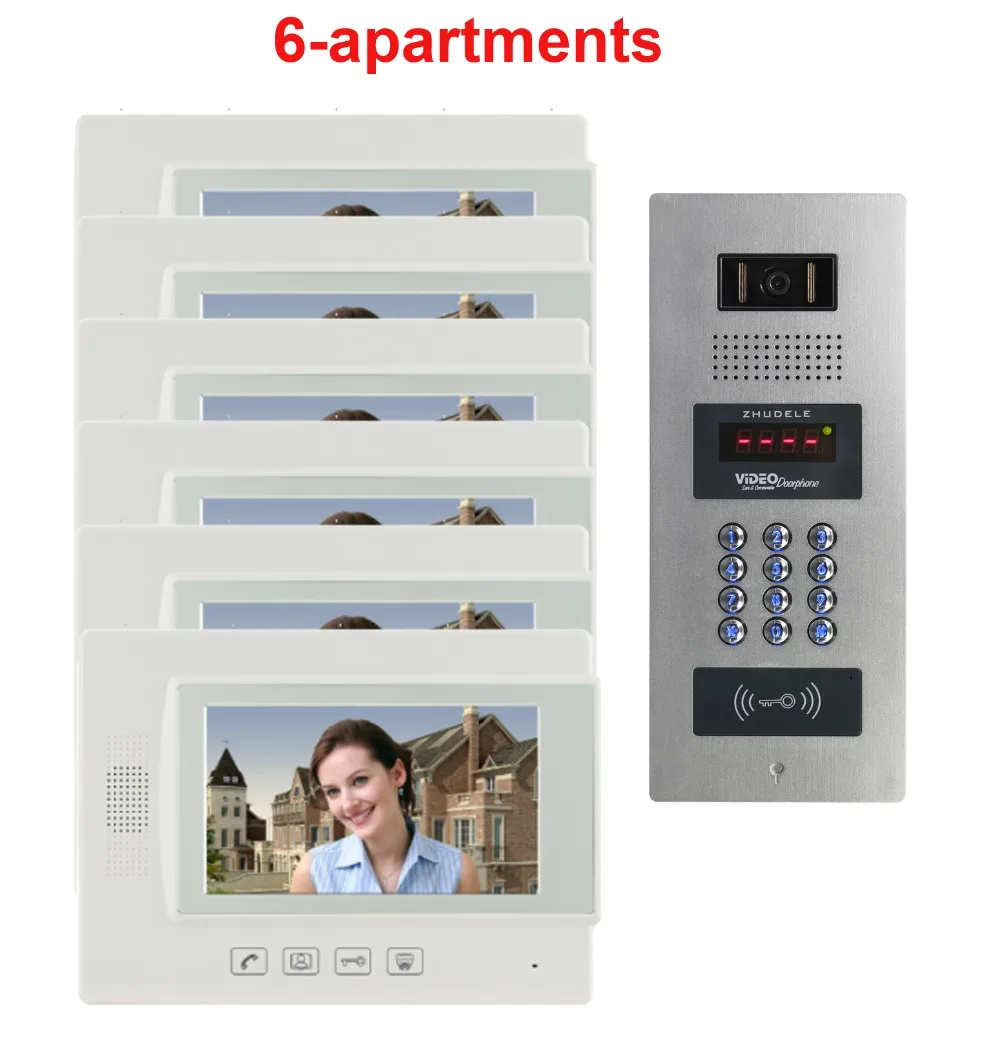 ZHUDELE Top Quality Building Multi-apartment 7&quot TFT Monitor Video Door Phone Intercom System for 6 Homes Password&ampID Card |