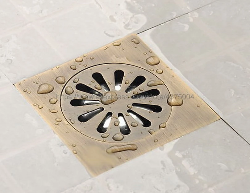 Shower Drains 10*10cm Square Bath Drains Strainer Hair Antique Brass Art Carved Bathroom Floor