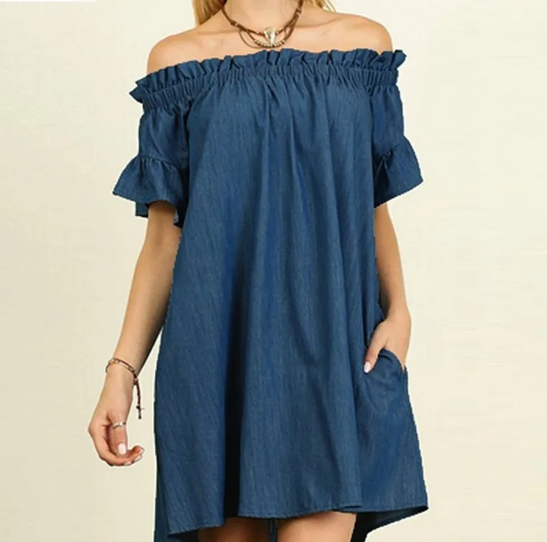 Женское платье с открытыми плечами короткий рукав карманы Свободная Повседневная рубашка женское мини джинсовый сарафан большого размера летнее джинсовое платье 5xl - Цвет: Navy blue