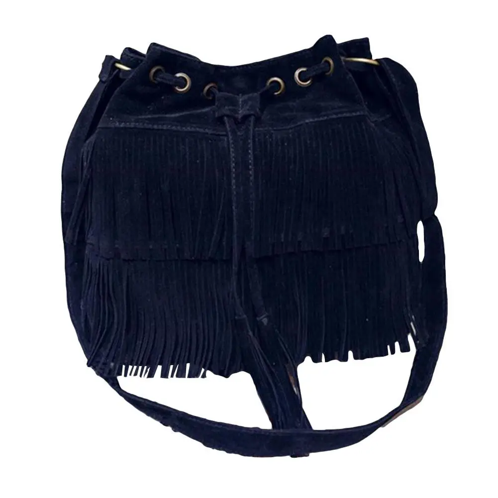 

Women Solid Color Fringe Tassels Drawstring Crossbody Shoulder Suede Bucket Bag