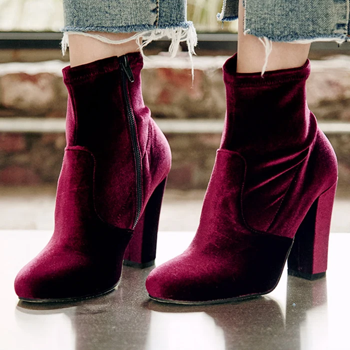 Botas de tacón grueso con punta redonda para mujer, botines de tacón alto  de terciopelo rojo vino, sexys, de pasarela, de tela elástica, novedad de  primavera|boots stretch|stretch fabric bootsboots sexy - AliExpress