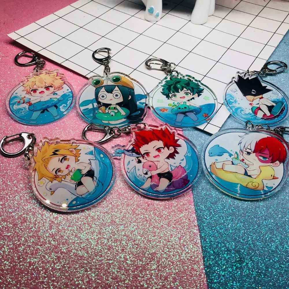 

1pcs Anime Keychain Swim Style My Hero Academia Bakugou Izuku Midoriya Boku no Asui Tsuyu Doubleside Keychains Keyrings