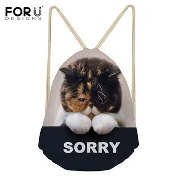 

FORUDESIGNS Cute Sorry Cat Printed Drawstring Backpack Women 3D Animal Dog Casual String Shoulder Bagpack Reusable Shopping Bags
