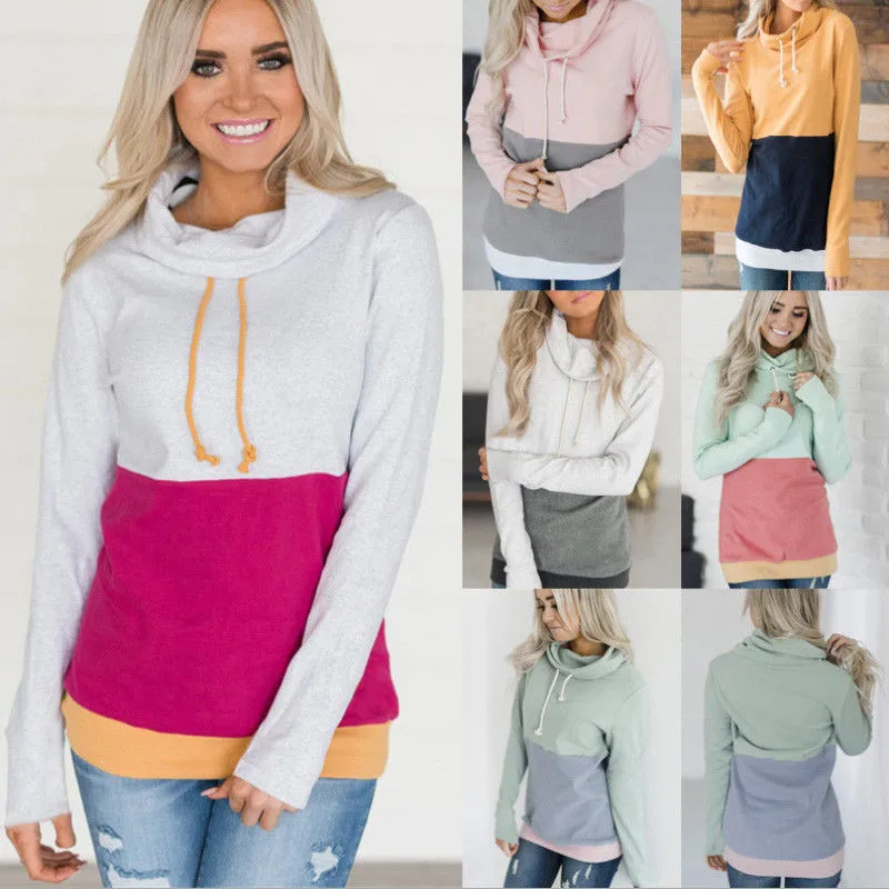 2018 Color Block Hooded Casual Loose Coat Pullover