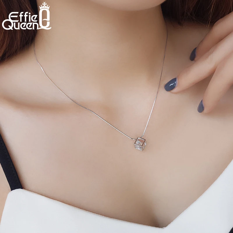 Effie Queen Fashion Square Cube Pendant Necklace For Women With AAA Zircon Shiny Crystal Stone Necklaces Jewelry Wholesale WN49