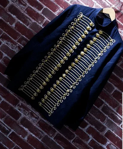 

Free ship navy dark royal blue mens medieval style general long sleeves shirt Men's golden cord button shirt cos