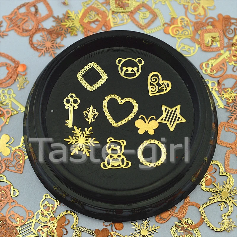 

11 shapes/pot Nail Art Decoration Tips gold Metal Alloy Jewelry Slice Foil Decals Manicure Tools DIY beauty Accessories