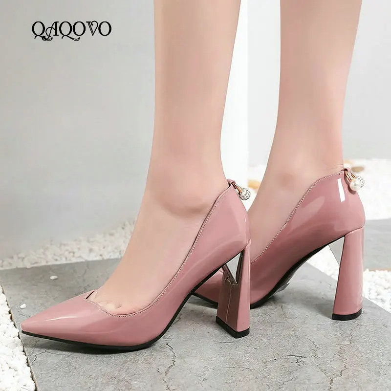 

Spring Fall Women Chunky High Heels Pumps Lady Pointed Toe Lazy Shoes Women Slip On Crystal Dress Shoes Black Pink Red White