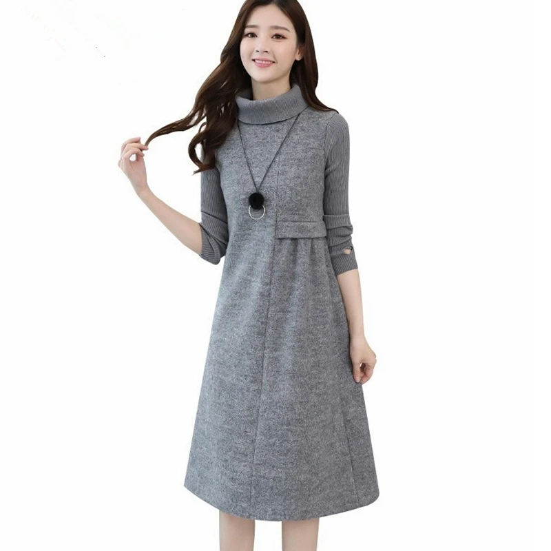 Najtaniej Damska wełniana sukienka dla kobiet dzianinowa z długim rękawem z golfem elegancka sukienka trapezowa gruba jesienno zimowa Plus rozmiar Casual Midi Dress