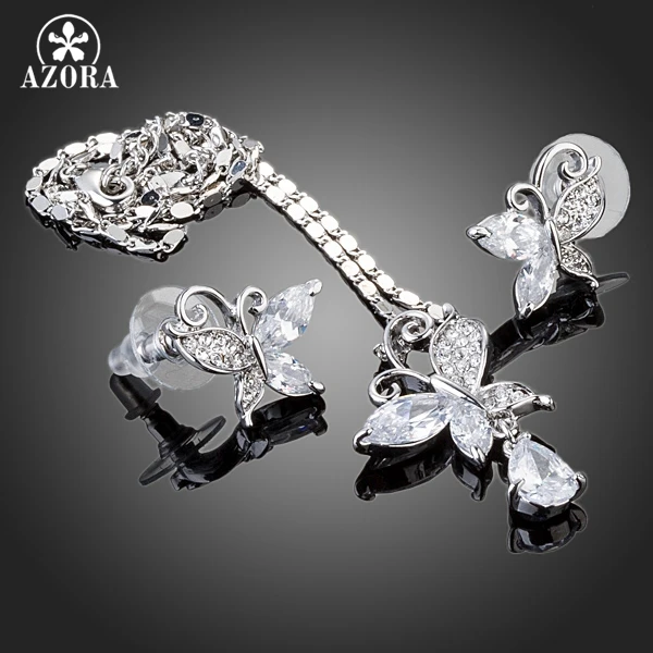 AZORA Cute Butterfly Clear Cubic Zirconia Tear Drop Pendant Necklace and Stud Earrings Jewelry Sets TG0141