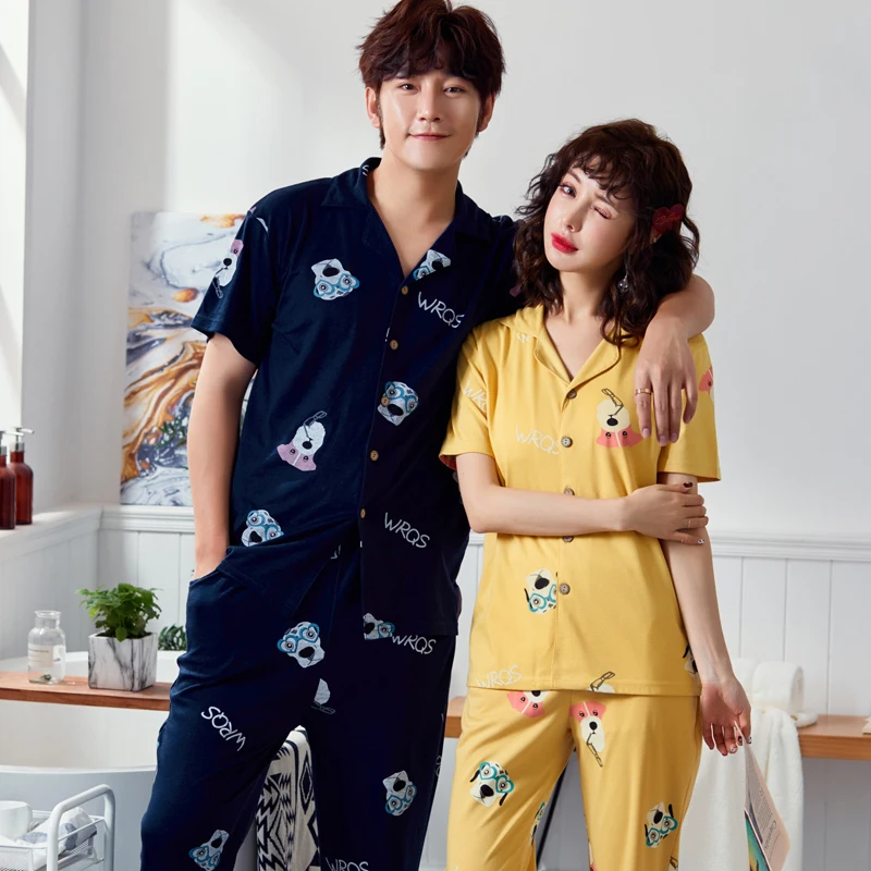 

Spring Summer New Arrival Couple Cotton Pyjamas Sets Short Sleeves Cartoon Dog Pajamas Women Sleepwear Pajamas For Men