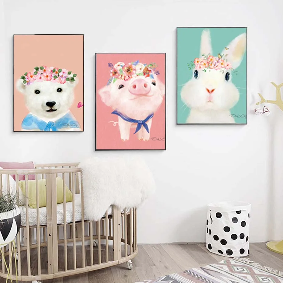 Cartoon Vivid Animals Pig Rabbit Penguin Wall Art Murals Poster&Prints Canvas Painting For Kids Bedroom Wall Picture Home Decor (3)