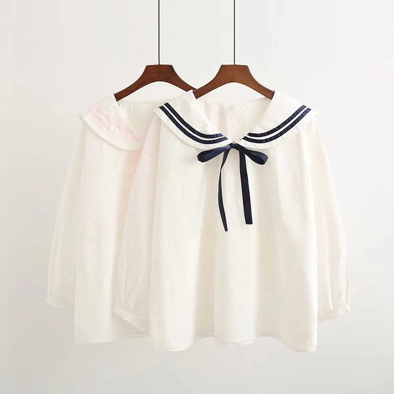 

Japanese Student Uniform Navy Style Women Loose Shirt Sailor Collar Cute Lovely Mori Girls Cotton Casual Kawaii White Blouse