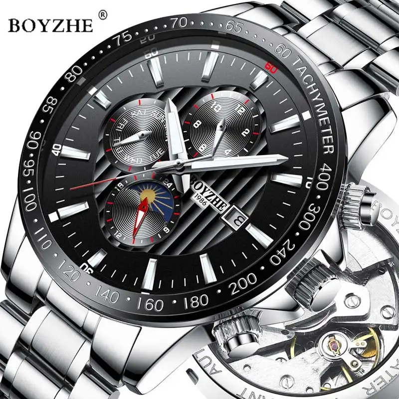 

BOYZHE Men Automatic Mechanical Watch Fashion Luminous Stainless Steel Business Waterproof Mens Watches Relogio Masculino