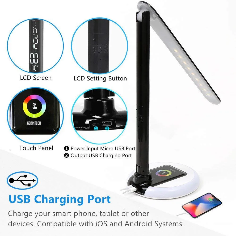  10W LED Desk Lamp Dimmable Office Study Table Ligh with ClockUSB ChargingColor Changing BaseTouch C - 32921688334